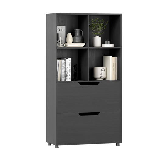 Coast Boekenkast - vier open planken - twee grote lades - zwart - 70 x 33,5 x 130 cm