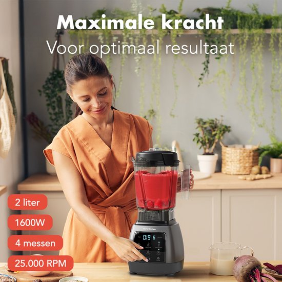 KitchenBrothers 2-in-1 Power Blender - 1600W - 2L - Complete Set met Hakmolen en To-go Beker - Smoothie Maker - IJscrusher - Metallic Grijs