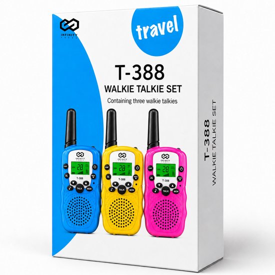 Infinity Goods Walkie Talkie - Voor Kinderen En Volwassenen - 3 Stuks - Incl. Batterijen - 3KM Bereik - Blauw, Roze & Geel