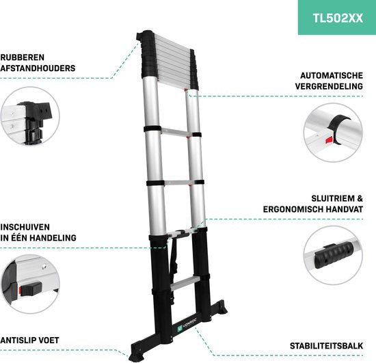 VONROC PRO Telescopische ladder – 3.8m – met softclose & dwarsbalk – Veilig & solide