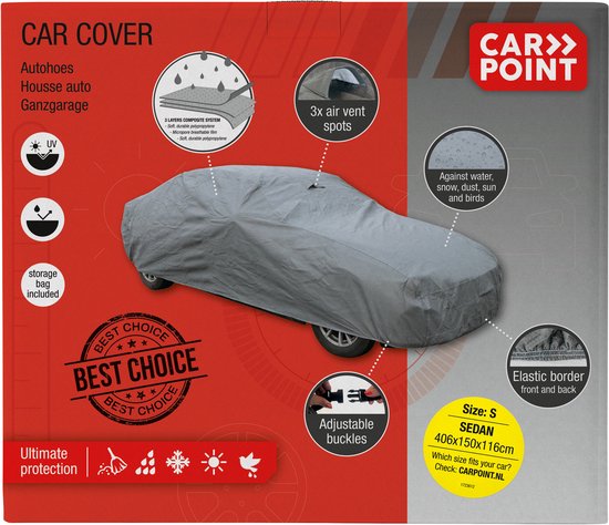 Carpoint Autohoes Ultimate Protection - Beschermt auto tegen UV straling, regen, zand , stof & vuil - Zachte binnenkant – Waterafstotend – Perfecte aansluiting door elastische band & verstelbare banden - Maat Small - Afmeting 406x150x116cm