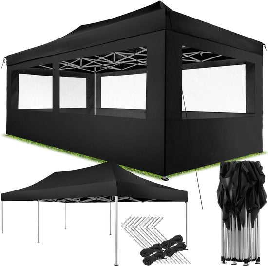 tectake® Vouwpaviljoen - Opvouwbaar en waterdicht - Tuinpaviljoen met 4 zijpanelen - Incl. haringen, scheerlijnen en tas - Terrasoverkapping, partytent - 6x3m - Zwart