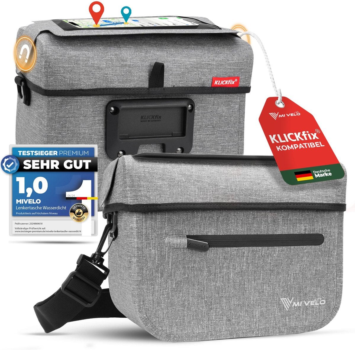 MIVELO Kinderstuurtas KLICKfix – Waterdicht – Mobielvak – Grijs
