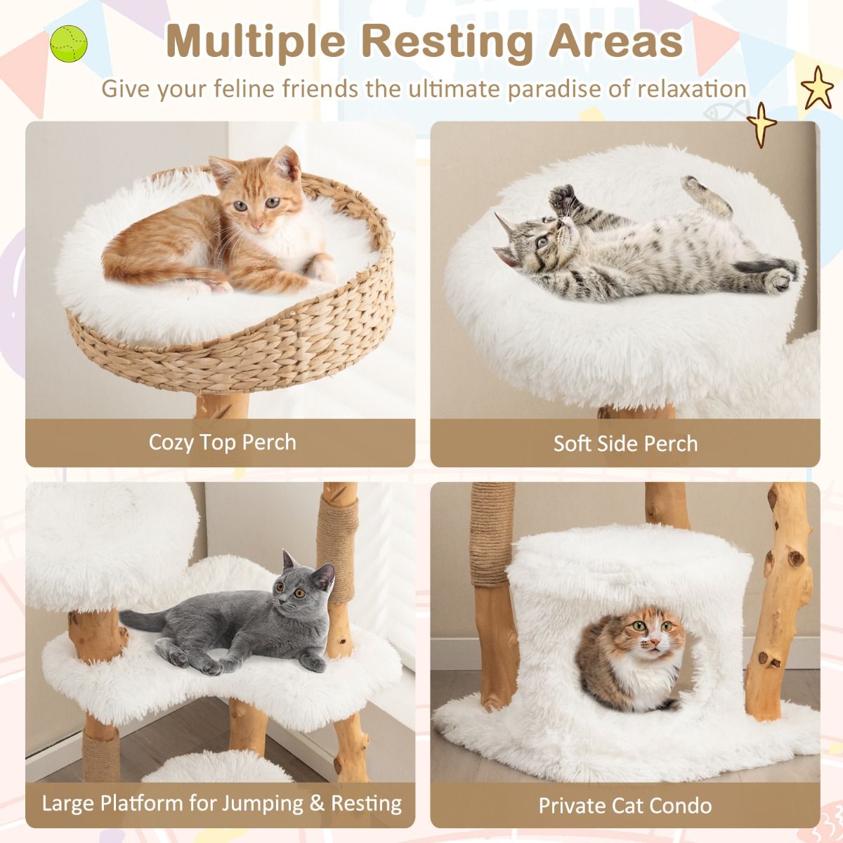 Coast Krabpaal voor Katten - Massief hout en jute - 5 verdiepingen - Naturel en wit - 124 cm
