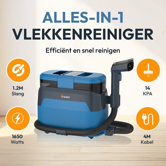 BOLLIT 5-in-1 Tapijtreiniger PRO 1650W - Stoomreiniger en Vlekkenreiniger - 100° Stoom - Bankreiniger - Meubelreiniger - Handstomer - Matrasreiniger - Zetelreiniger - Reiniger voor auto, bank, vloer, en tapijt
