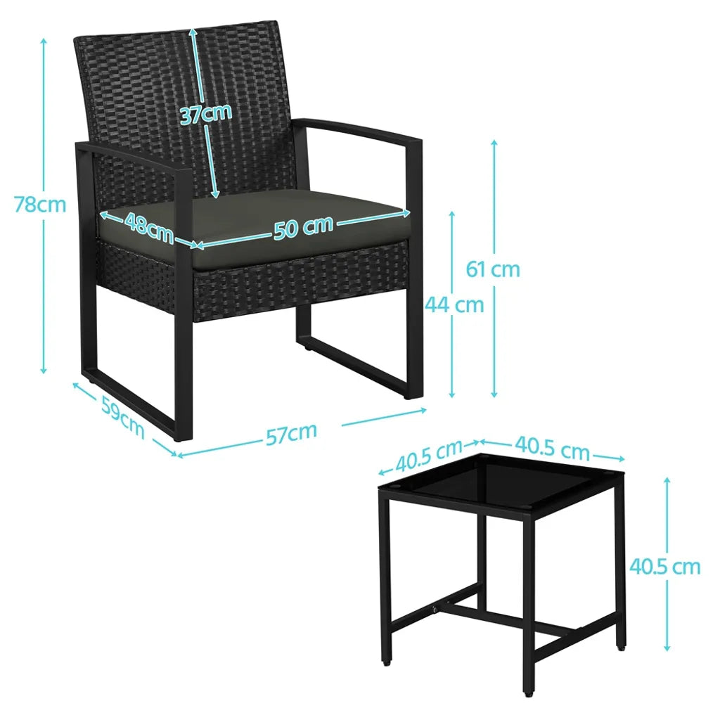 Yaheetech Tuinmeubelset 3-delig - Zwart/Grijs - Polyrattan Balkonset met Bijzettafel