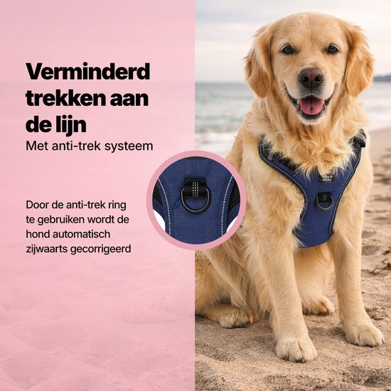 Jake and Jacky Hondentuigje - Anti-Trek Tuig - Hondenharnas - Y Tuig Hond - Reflecterend - Blauw - Maat S
