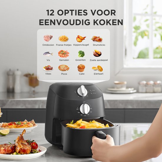 Midea Air fryer MF-TN20D2 - 2L, 1150 W Airfryer, Frituren zonder olie, Heteluchtfriteuses, Automatische uitschakelfunctie, Olievrij, Gemakkelijk schoon te maken, BPA-vrij, Zwart