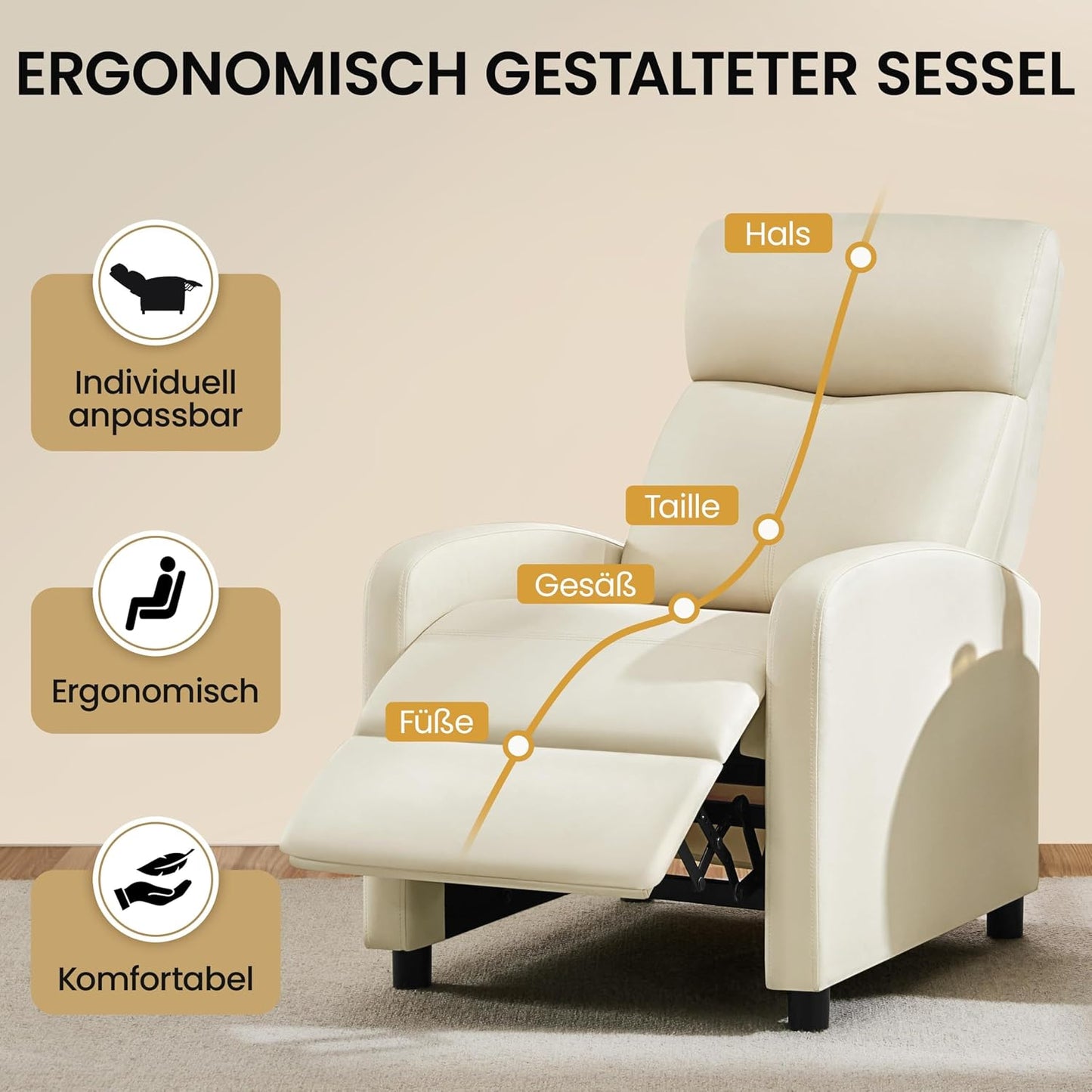 Yaheetech Relaxstoel XL - Verstelbare Ligstoel met Voetensteun - Kunstleer Beige - 87 x 61,5 x 99 cm