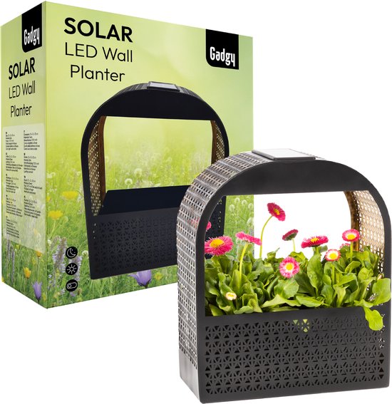 Gadgy Solar Wandlamp met Uitneembare Bloembak – Tuinverlichting op Zonneenergie – Warm Wit LED – 30x25 cm – Zwart Metaal