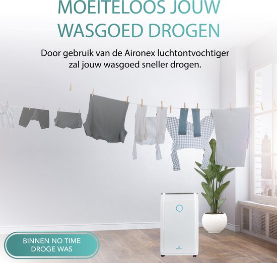 Aironex – Luchtontvochtiger En Luchtreiniger – 20 l Capaciteit & Met Wasdroogfunctie – Extreem Stil Met Led-Display – Voor Woonkamer En Slaapkamer – Wit Kunststof