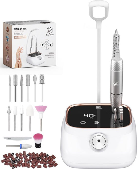 Beeperfect® Elektrische Nagelvijl Desktop Edition - Nagelfrees - Manicure en Pedicure set - 40.000RPM - Draadloos & Oplaadbaar - 11 Bitjes 3 Accessoires & 56 Schuurrolletjes - Rose Goud