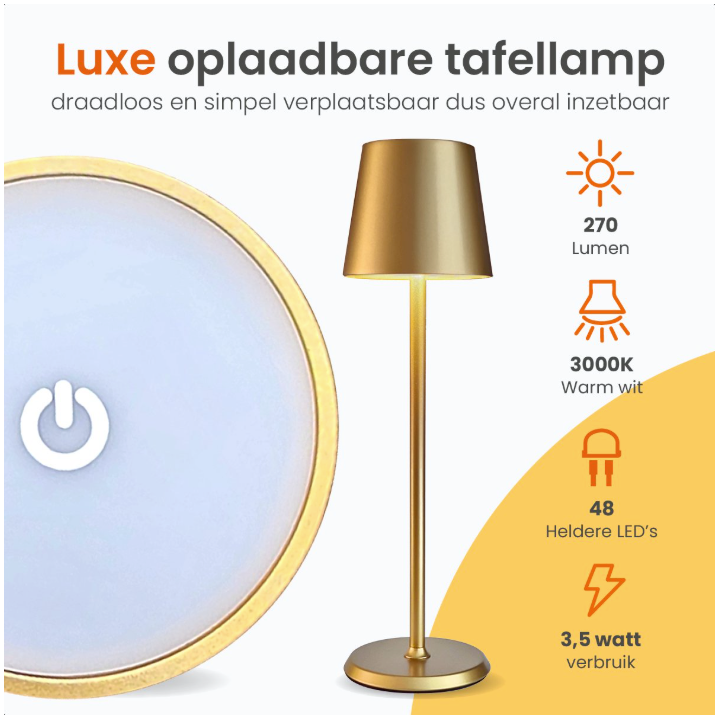Goliving Tafellamp Oplaadbaar – Draadloos en dimbaar – Moderne touch lamp – Nachtlamp Slaapkamer – 38 cm – Goud