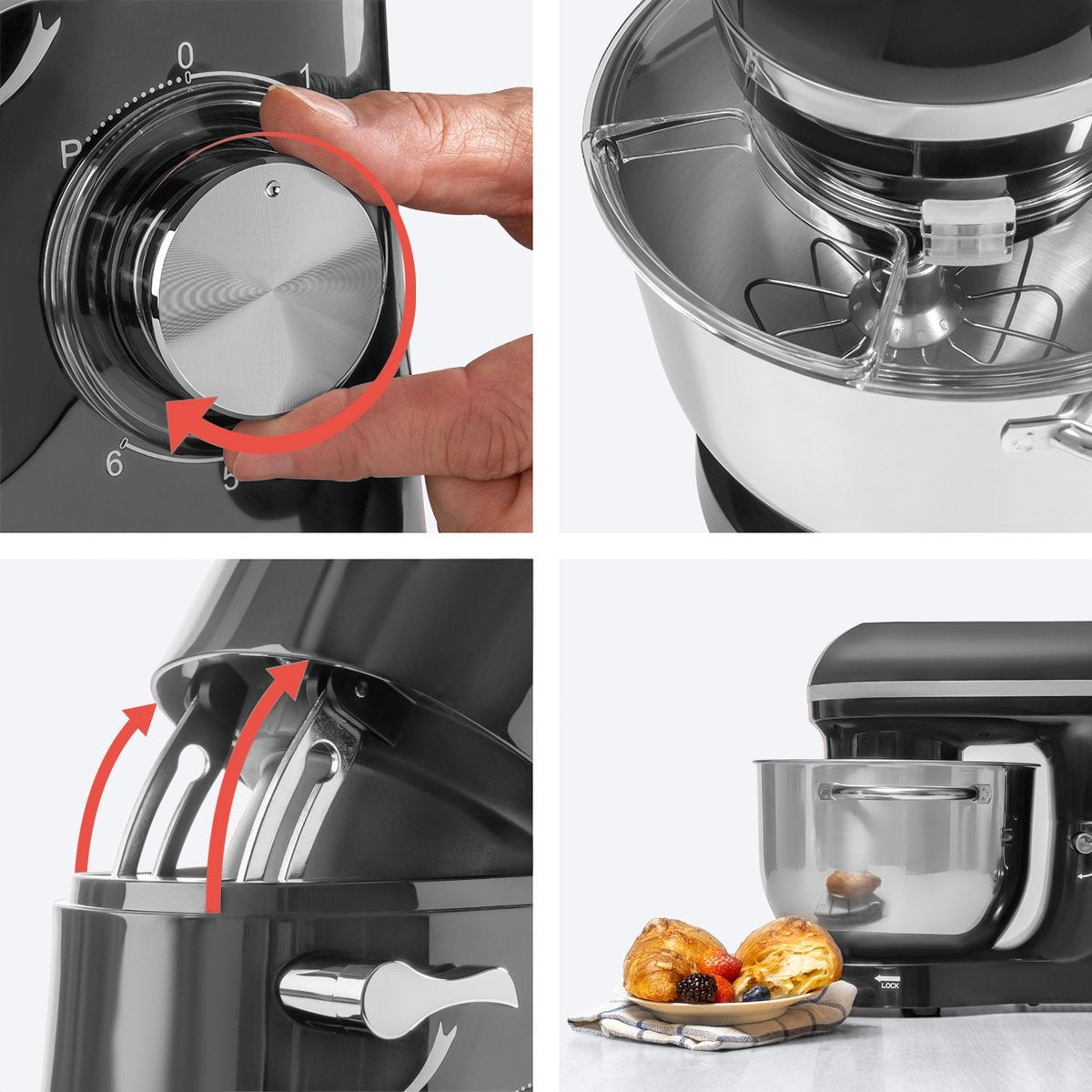 KitchenBrothers Keukenmachine - Keukenmixer met 6L RVS mengkom - Keukenrobot - 20000W - Antraciet