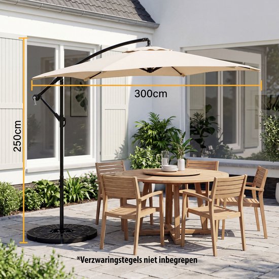 Tristar Zweefparasol - 300cm Rond - Tuin & Balkon - Verstelbare Hoogte - Incl. kruisvoet & Beschermhoes - PA-7906 - Beige
