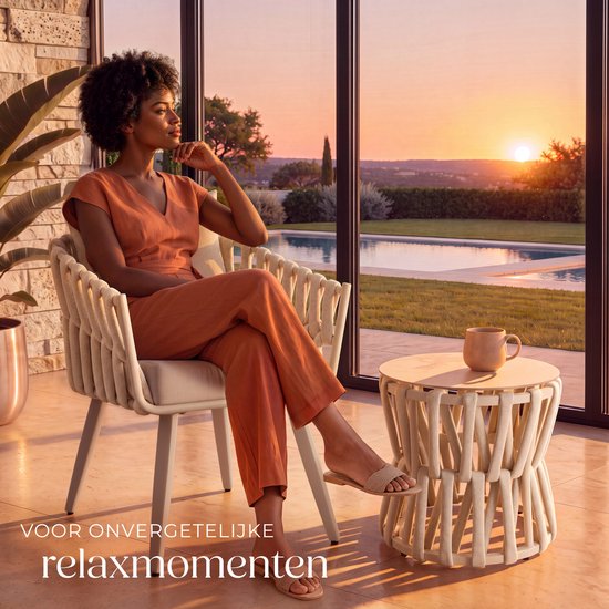 tectake® Tuinset Lugano - Tuinstoel - Loungestoel met Bijzettafel - Buitenstoel in Rope-Design met Aluminium Frame - Buiten Fauteuil met Dikke Kussens - Loungeset voor Tuin of Balkon - Terrasstoel - UV- en Weerbestendig - Beige