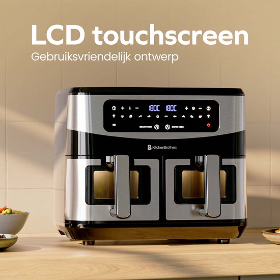 KitchenBrothers Dubbele Airfryer - 2400W - Dual Zone - 9L - Heteluchtfriteuse - Airfryer XXL - 2 x 4.5L - 10 Kookprogramma's - RVS/Zwart