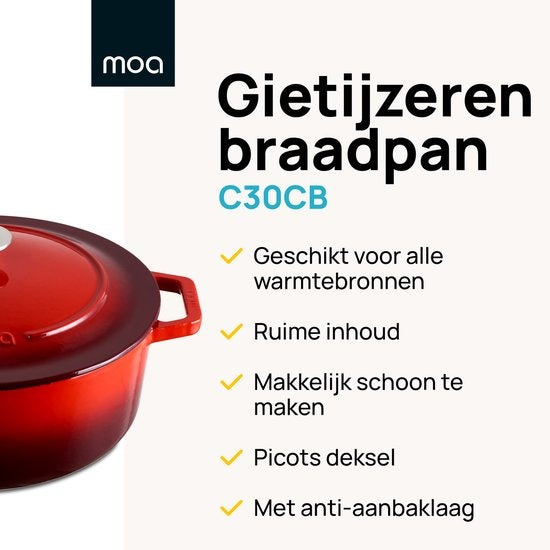 MOA Gietijzeren Braadpan - Inhoud 7,2 liter - 30CM - Rond - Alle warmtebronnen - Ook voor inductie - Gewicht 7,3 kg - Kersenrood - C30CB