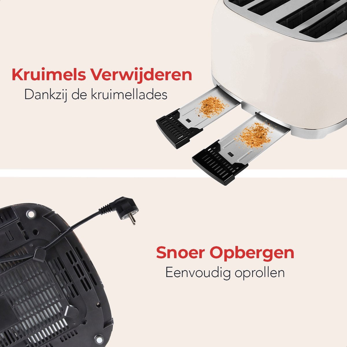 KitchenBrothers Retro Broodrooster - Toaster - 6 Warmteniveaus - 4 Extra Brede Sleuven - 1630W - Beige