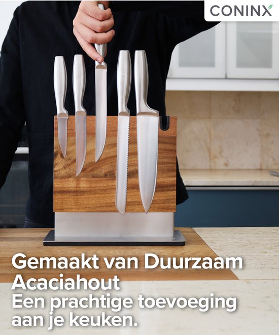Coninx Vertico Messenblok Magnetisch - Messenmagneet met messenslijper - RVS Voet - Magneet Tweezijdig - Messenblok zonder messen - RVS / Acaciahout