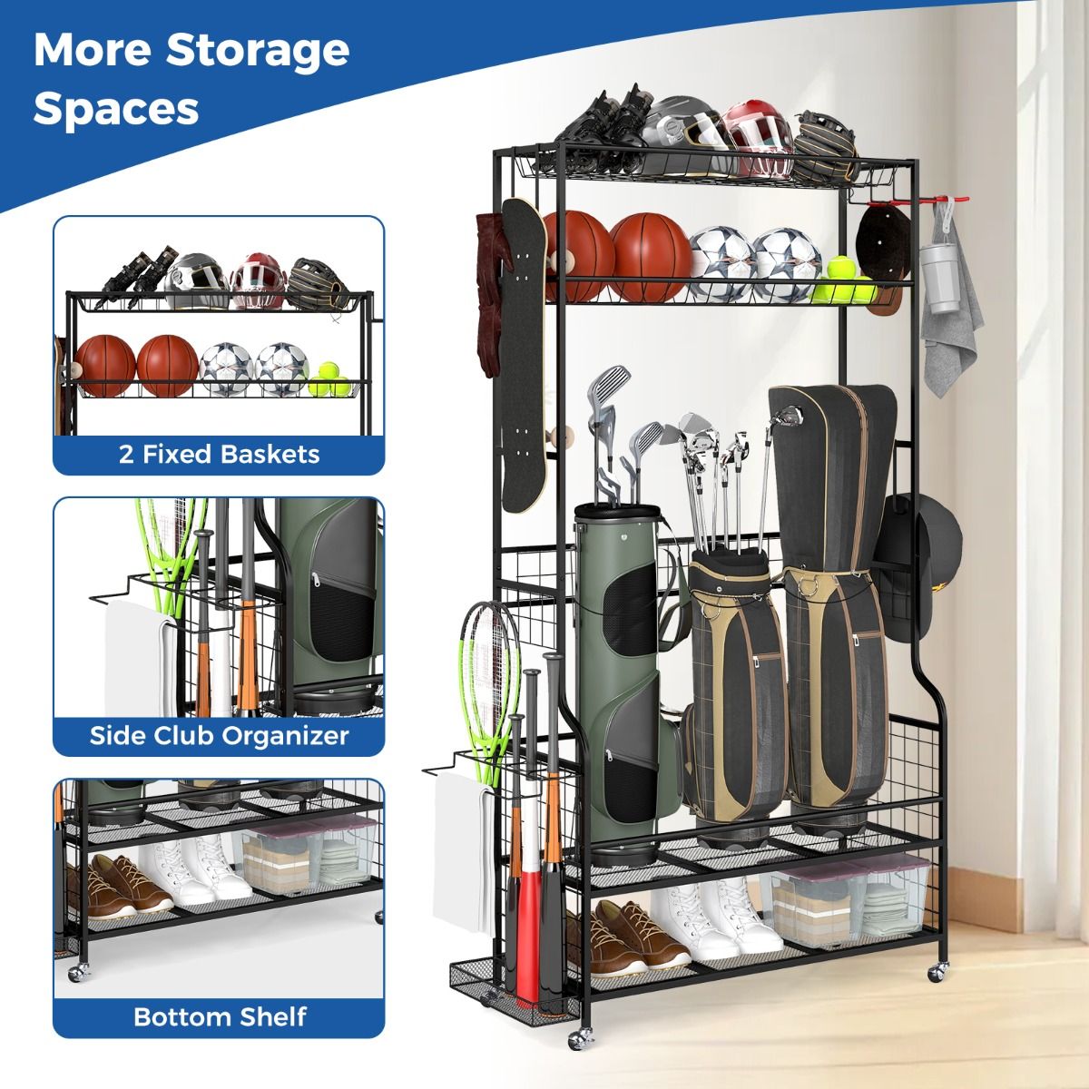 Coast Sportartikelenorganizer - met wieltjes - 4 haken - extra rek voor rackets - zwart 132 x 40,5 x 194 cm