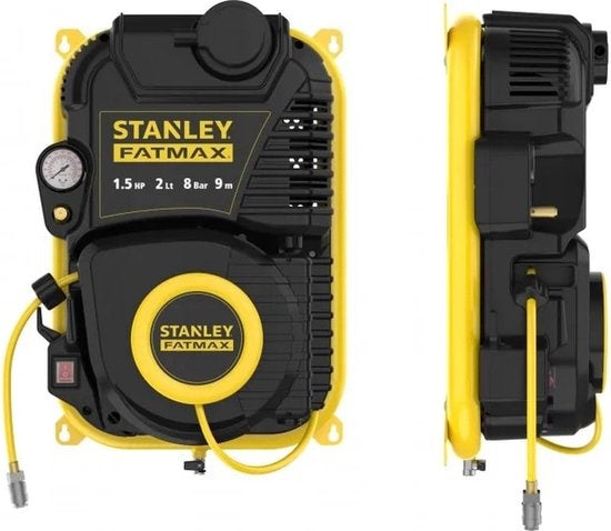 Stanley Fatmax Compressor, olievrije luchtcompressor met zelfoprollende kabelhaspel, muurbevestiging, 1.5 pk, 8 bar, tankinhoud 2 L