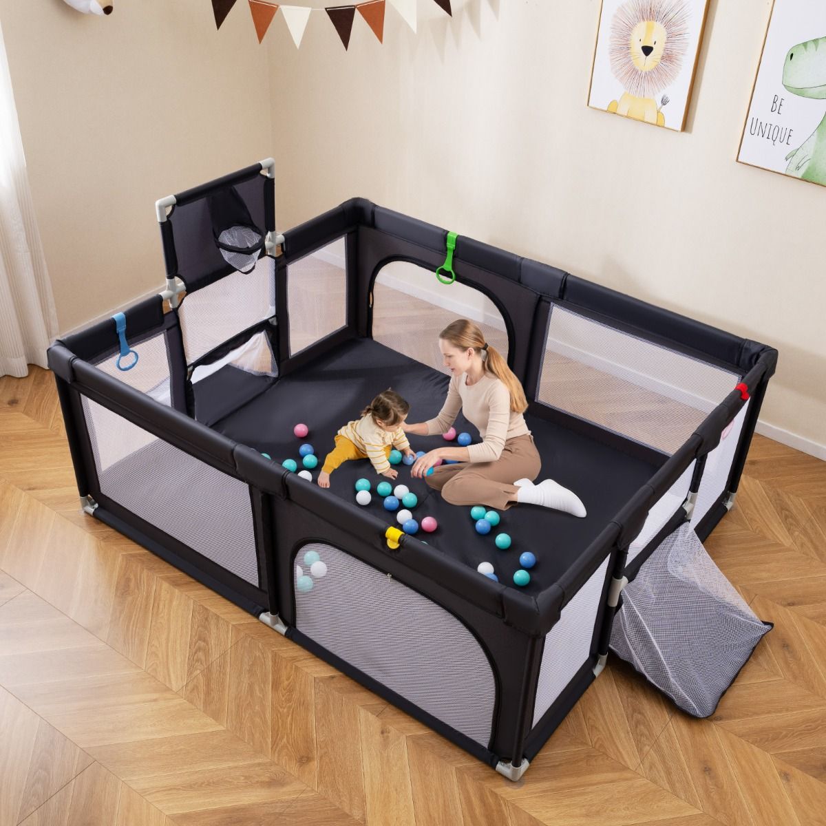 Coast babybox met basketbalring en voetbaldoel - inclusief ballen en draagtas - donkergrijs 188 x 157 cm