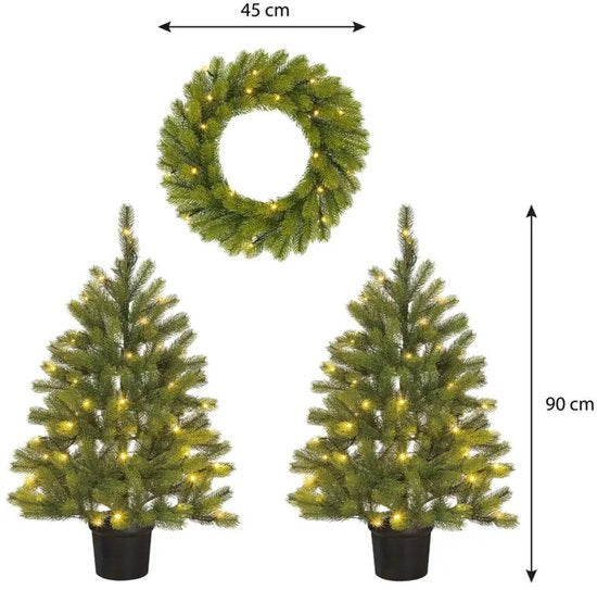 Black Box Trees Nagoya Kerstboom en Kerstkrans Set - 2 Kunstkerstbomen en 1 Krans met LED Verlichting - H90 x Ø45 cm - Groen