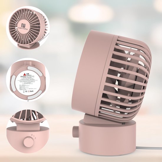 Northwall Mini USB Ventilator - Tafelventilator Roze - Stille Mini Fan - Retro Bureau Ventilator - Klein, Stil en Geruisloos - Dual Motoren - Kantelbaar - 2 Snelheden