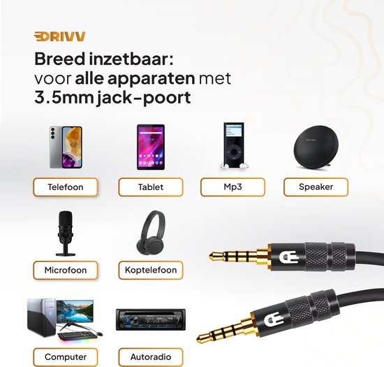 Drivv. AUX-kabel 3,5 mm - Jack naar Jack - 4-polige audiokabel - Verguld - Male naar Male - PVC - Zwart - 5 meter