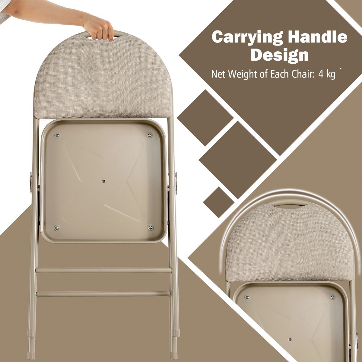 Coast 4-Delige Draagbare Klapstoelen Set – Metalen Frame, Gevoerde Zitting en Stof Beklede Rugleuning, Beige, 47 x 50 x 88,5 cm