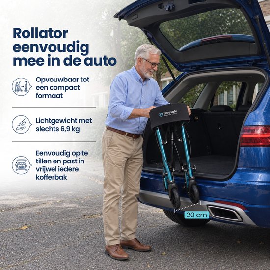 TrueSafe Rollator lichtgewicht en opvouwbaar (6,9 kg) - Voor binnen en buiten - Incl. ergonomisch zitkussen, verlichting, rugleuning, wandelstokhouder en meer - Blauw