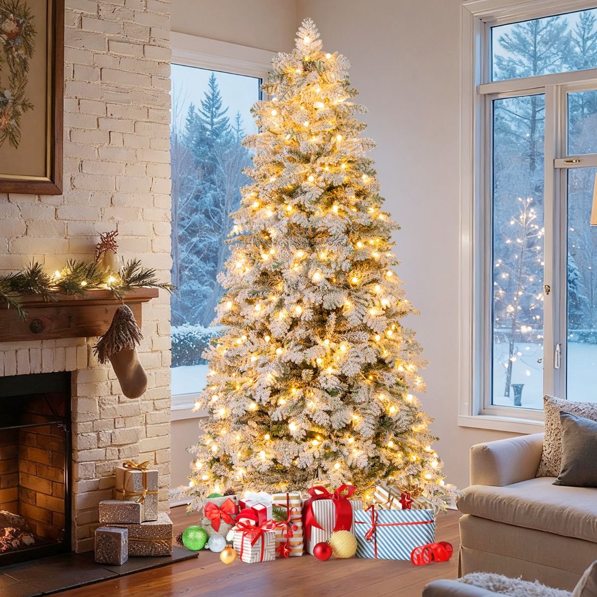 Coast Kunstkerstboom - besneeuwd - met LED-verlichting - 210 cm - groen en wit