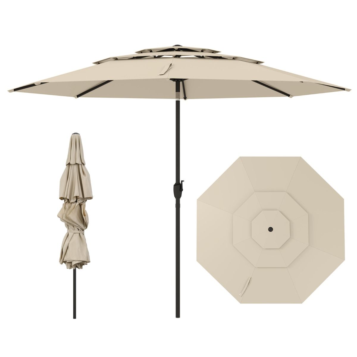 Coast Tafelparasol - 3-laags geventileerd - Kantelbaar met handslinger - 300 cm rond - Beige