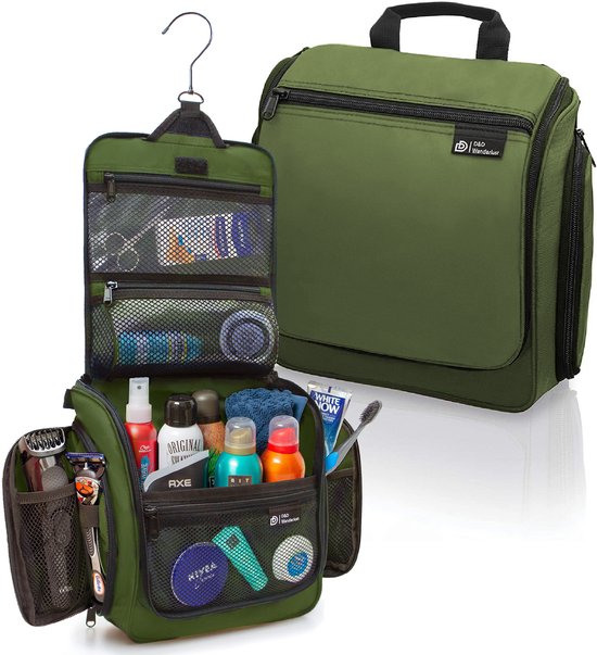 D&D Wanderlust Toilettas met Haak - Ophangbare Luxe Travel Organizer met 10 vakken - Groen - Unisex Dames & Heren - 6 liter inhoud - Reis Toilettas Hangend Groot - Make up Tasje