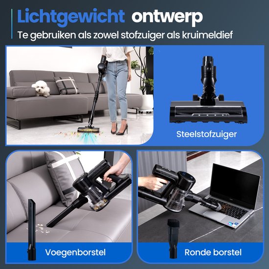 Steelstofzuiger G100 - 350W - Steelstofzuiger Draadloos - Stofzuiger Zonder Zak - 7-delige set met Buigbare Steel - 35kPa - Kruimeldief - Zwart - Saaf
