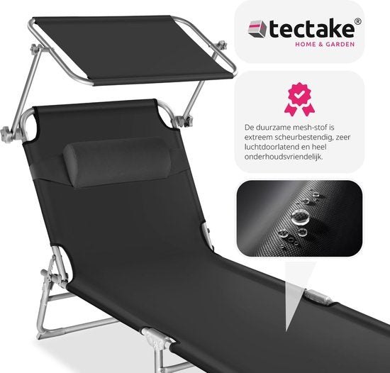 Tectake - Ligstoel - Stalen frame met schuifdak - robuuste, 4-voudig verstelbare rugleuning inclusief kussen - Ideaal voor tuin, zwembad, camping - Zwart