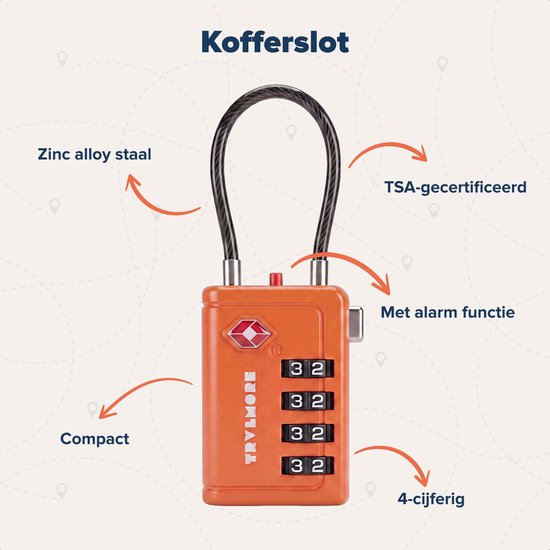 TRVLMORE Kofferslot met Kabel - TSA Gecertificeerd - Alarmfunctie - 4-Cijferig - 2 Stuks - Oranje
