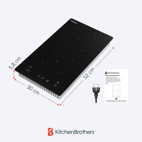 KitchenBrothers Inductie Kookplaat - Inbouw Inductieplaat - 30 cm - 2 Zones - 1 Fase - Tot 3300W - Zwart
