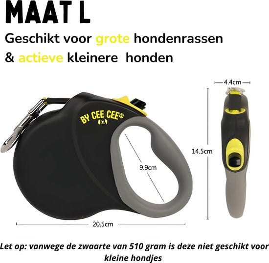 By Cee Cee Hondenriem 8 Meter - Looplijn voor Hond Tot 50KG - Zwart - Reflecterende Lijn - Stevig Robuust Materiaal - Soepele In -en Uitrol