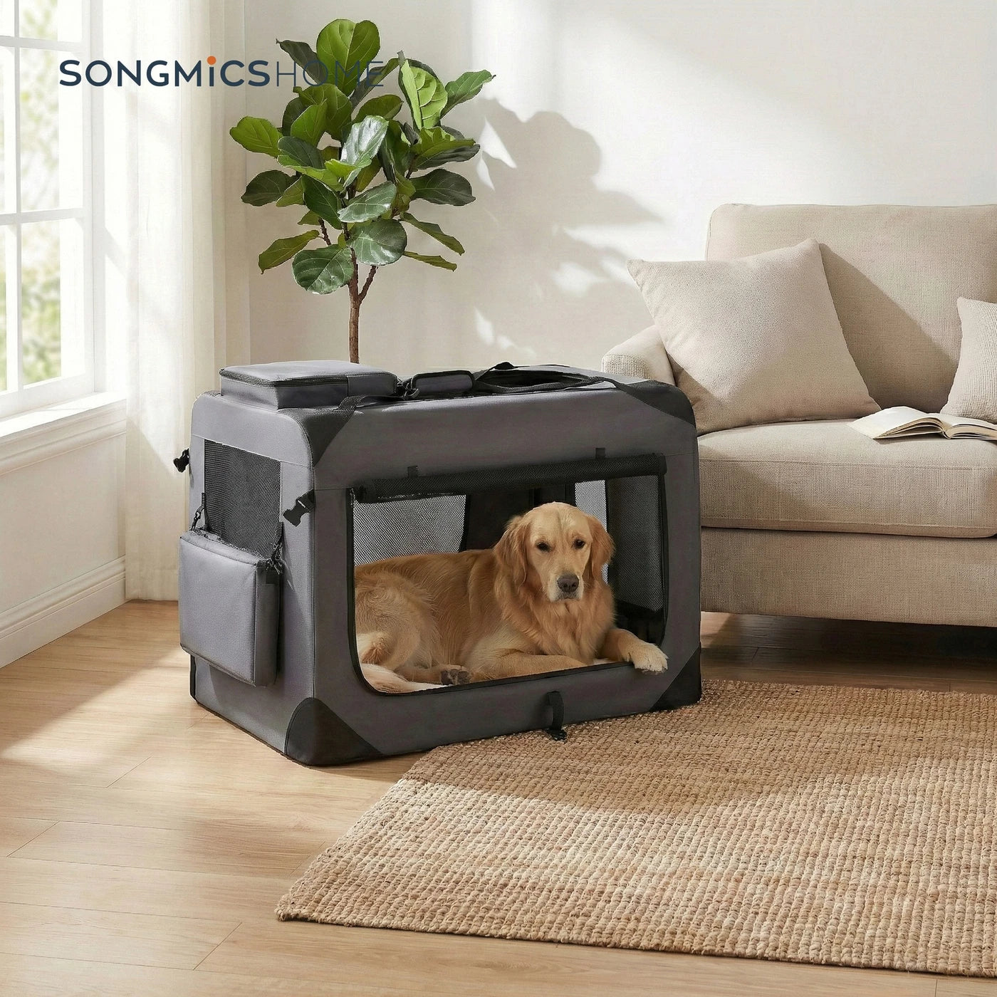 Ochama Opvouwbare Hondenbench 91 x 63 x 63 cm - Oxfordstof - Grijs - Draagbaar - Voor Honden van 23-32 kg