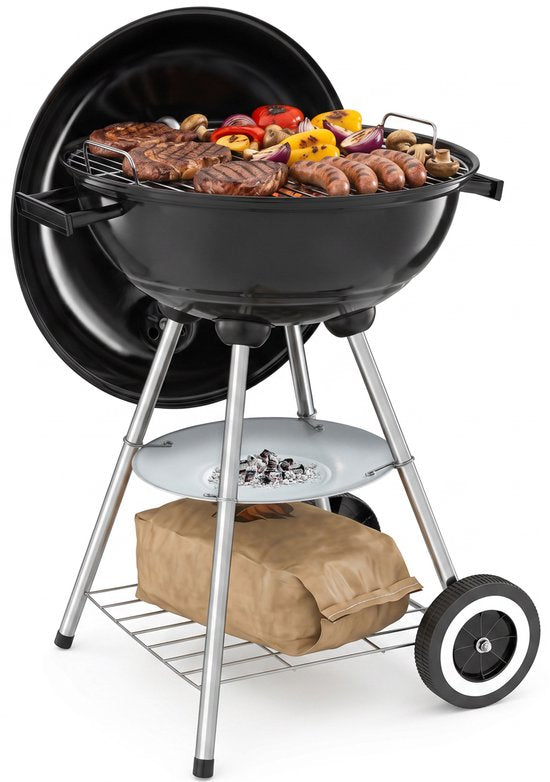 tectake® Houtskool Barbecue - Kogel BBQ - Ø 41,5 cm Grillplaat - Grill met 2 Wielen - Smoker met Deksel - Rond - Zwart - Metaal