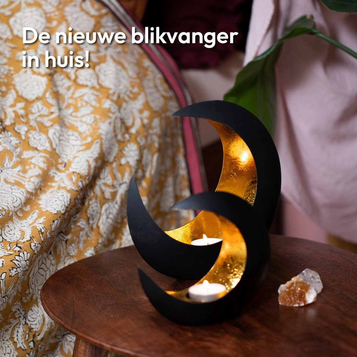 Gadgy Waxinelichthouder Maan - Theelichthouder – Set van 2: 15 cm en 21 cm – Zwart / Goud - Metaal