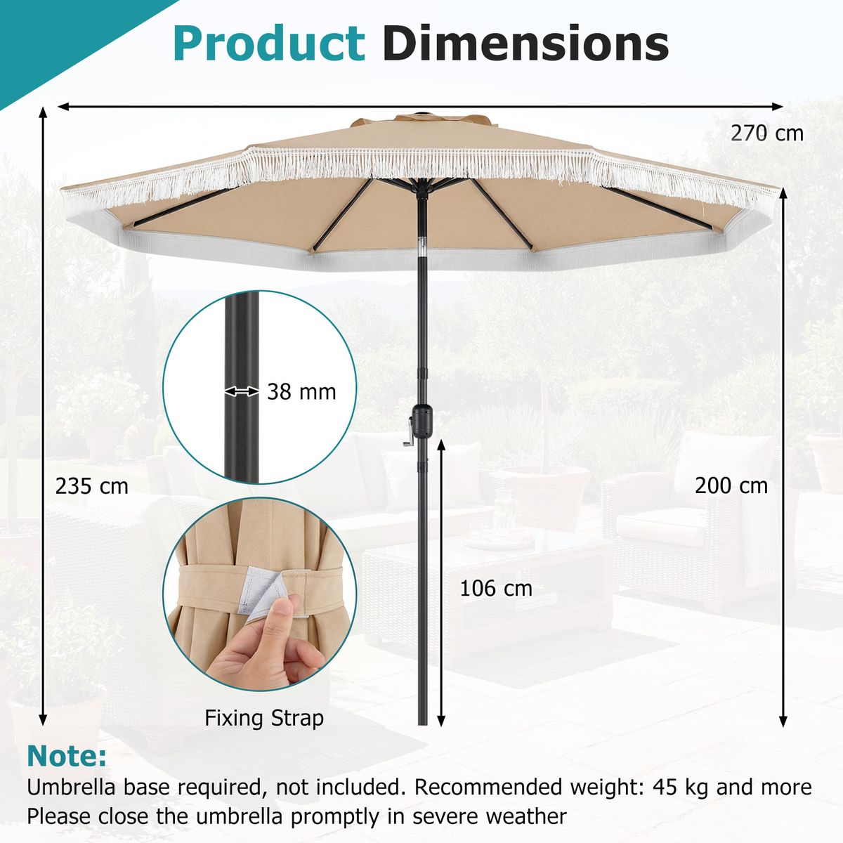Coast parasol met slinger en kantelfunctie - 270 cm diameter - stevige metalen ribben - beige