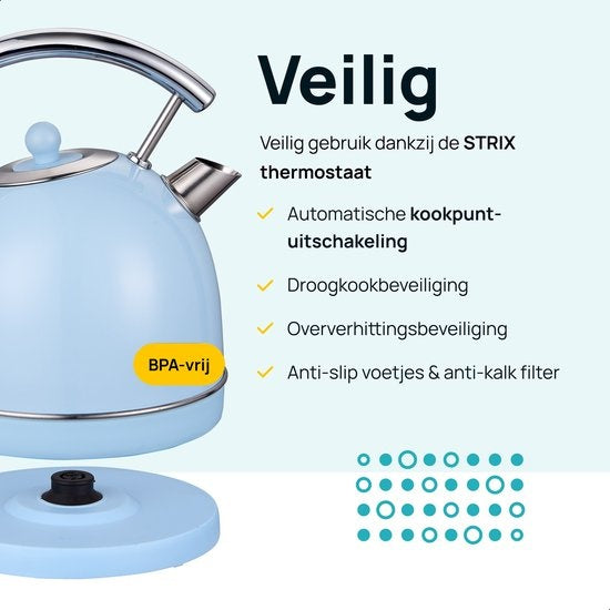 MOA Waterkoker Retro - 1.8L - RVS - BPA vrij - 2200W - 21.30x21.40x28.60 cm - Pastel blauw