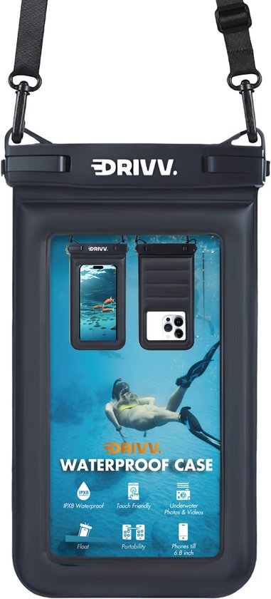 Drivv. Luxe Waterdicht Telefoonhoesje – Drijvend - Dubbele Klipsluiting - Extra Sponge - Telefoons tot 6.8 inch – Onderwater Hoesje Telefoon - Zwart