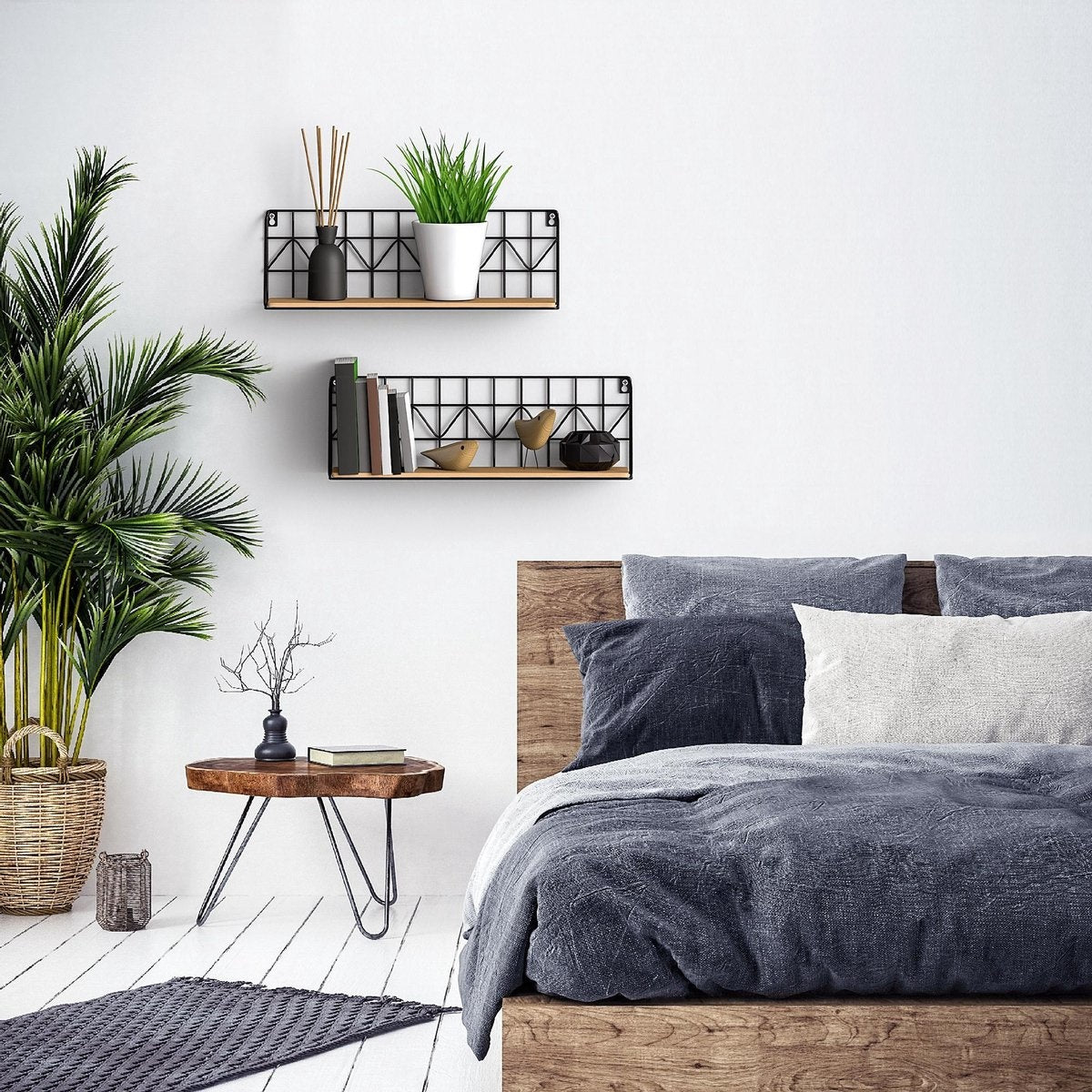 Gadgy Wandrekken Industrieel - Set van 2 - Wandrek Zwart met Hout - Wanddecoratie Woonkamer - Muurdecoratie Metaal - Wandplank zwevend voor Slaapkamer - Boekenrek – 45 cm