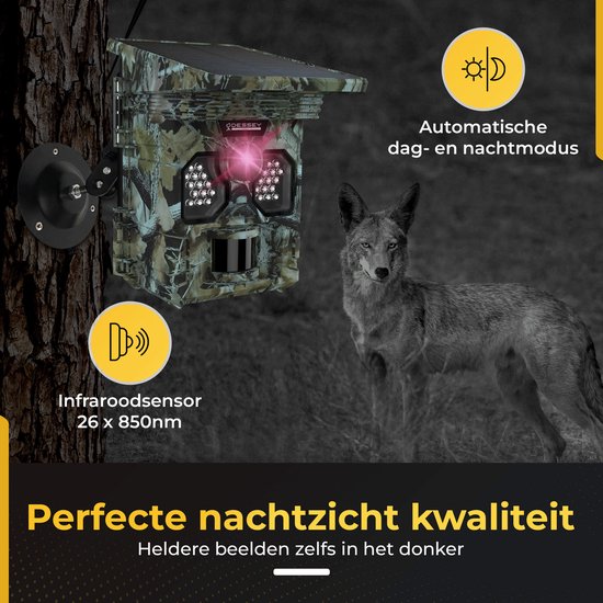 ODESSEY WildCamera met Zonnepaneel - 4K - 48MP - 64GB SD - met Nachtzicht - voor Buiten - Infrarood