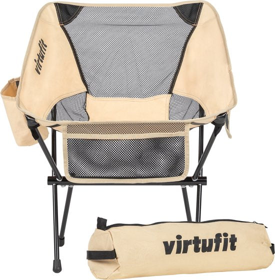 VirtuFit Camping Stoel Compact - Strandstoel - Inclusief Draagtas - Geschikt voor Festivals, Campings & Stranden - Inclusief armsteunen - Eenvoudig Meenemen en Opzetten - Beige