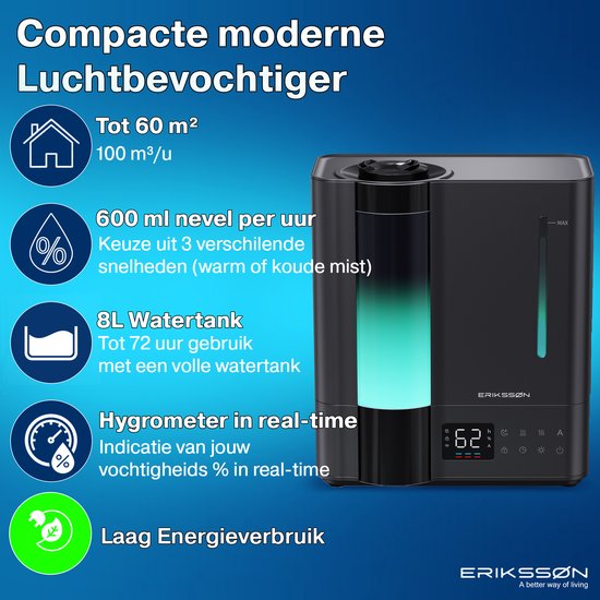 Erikssøn Luchtbevochtiger Elite - 8 Liter - Geschikt voor Woonkamer, Kantoor, Slaapkamer, Babykamer - Humidifier - Met Aromatherapie - Zwart